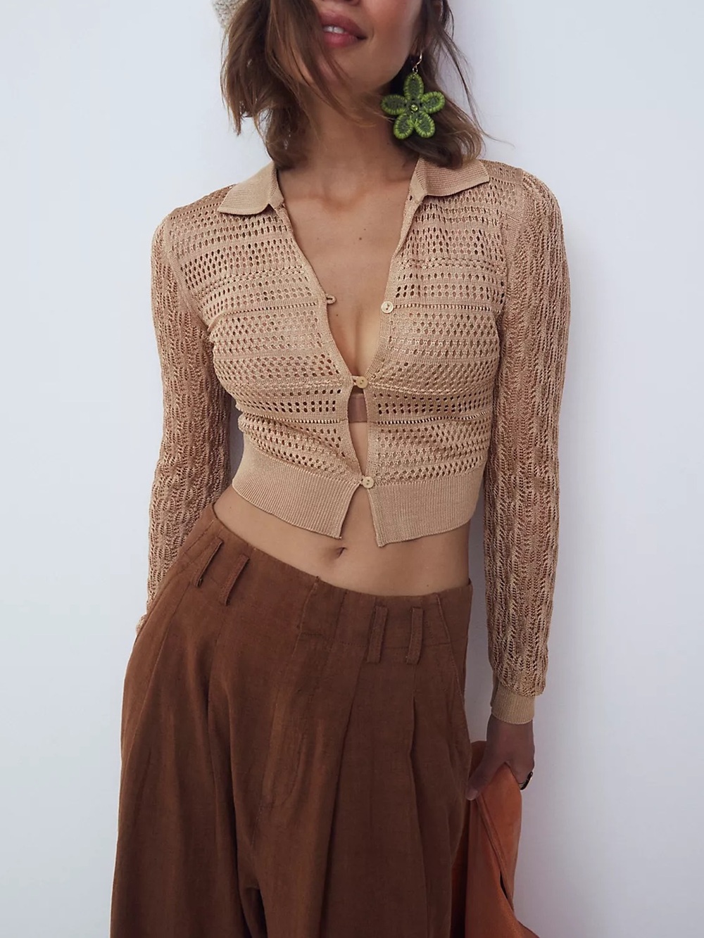 Free People Maia Cardi Cropped Sheer Knit Button Front Cardigan